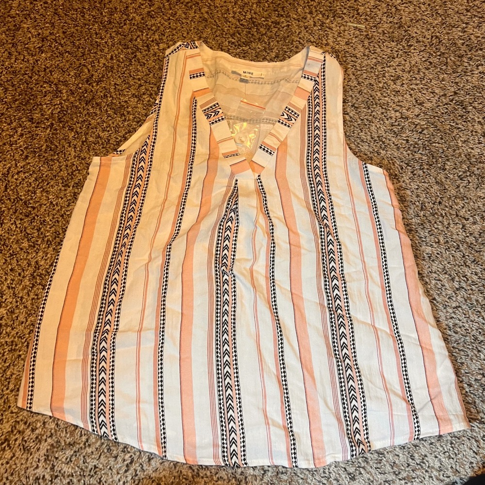 MINE Striped Tank Top Sleeveless Casual Blouse V-Neck Boho Summer Small